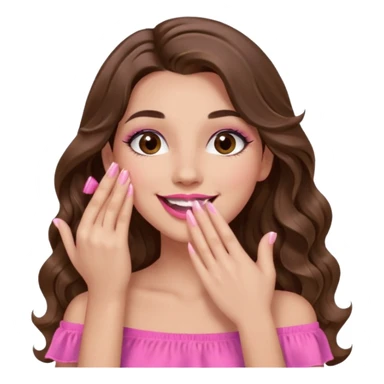 girl with long wavy brown hair, brown eyes, long lashes makeup, pink lips, light to medium complexion, pink sexy top, smiling, hand covering the mouth, giggling sticker