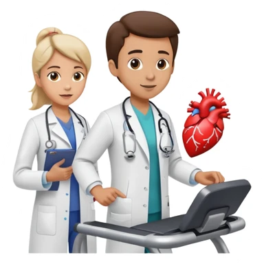 patient on a treadmill, doctor with clipboard supervising, heart monitor in background sticker