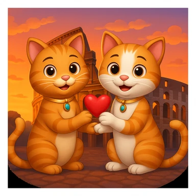 Add the Colosseum in the background with a sunset ambiance, keeping the happy cat proposal in Rome. The style should resemble emoji style. Keep the background transparent if possible. sticker