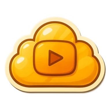 A cloud with a YouTube play button symbol inside it, representing views on YouTube, in a colorful and vibrant emoji style with a yellow color scheme and a sunburst background sticker