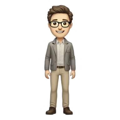 Joyful Full height Pale skinned Fit Man With dark brown hair in gray jacket, beige office shirt, Brown pants and vintage glasses. His thrumbs up sticker