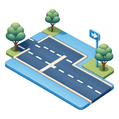 
A 3D minimal icon showing a street route with a clear path, blue road with white markings, in a clean, minimal 3D style and a transparent background. sticker