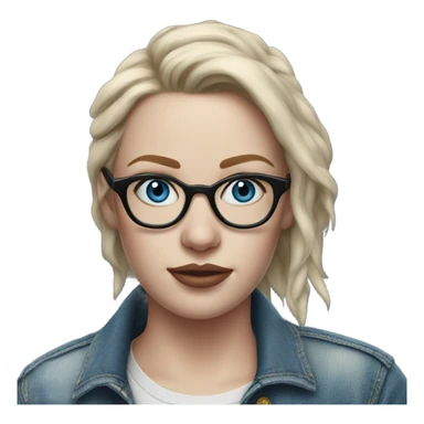 Create a Hyper Realistic pale beautiful tattooed 3D woman with glasses and blue eyes wearing denim jacket sticker