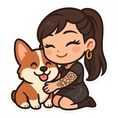 chibi sticker of an Asian girl with long hair in a ponytail, deep side bangs, black leather dress, gold hoop earrings, dramatic false lashes, and a floral 3/4 sleeve tattoo on her left arm, hugging a smiling red head tri-color corgi, simplified, emoji-like sticker