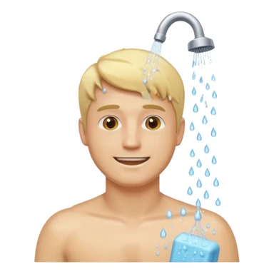blonde man showering, upper body, water and soap, modest, cheerful, emoji style sticker