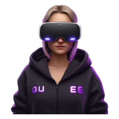 Russian girl wearing black hoody with violet letters "OMG", in vr headset oculus quest2. Standing like jedi. Cyberpunk style. Violet neon. sticker