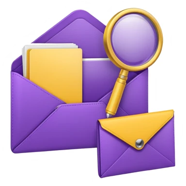 simple, minimalistic yellow (hex#FFD008) and purple (hex#8C52FF) icons of a pin, a working case, a folder, a magnifier, an email, an envelope sticker