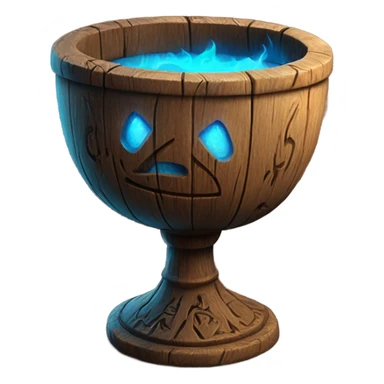 A magical goblet, large and imposing, made of aged wood with intricate carvings and ancient runes along its surface. It emits a bright blue glow, with magical flames dancing inside, symbolizing its power and mystery. sticker