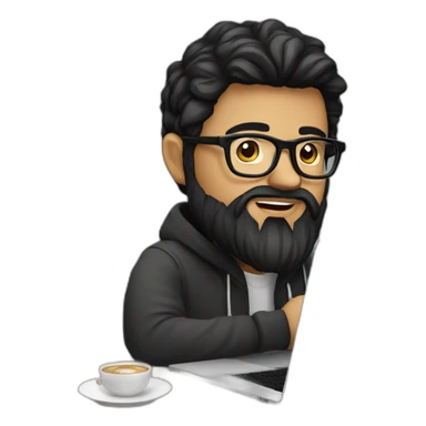 Designer with black hair, beard and glasses working with MacBook and drinking cappuccino  sticker