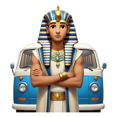 
"A pharaoh living in modern-day Egypt in 2025, struggling to adapt to the fast-paced world. Once a ruler of a mighty empire, he now drives a microbus through the chaotic streets of Cairo. His royal garments have been replaced by a simple outfit, but his hands still shine with ancient, ornate rings—relics of his glorious past. With every ride, he shares stories of his golden age, yet few believe he was ever a king."

 sticker