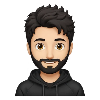 young fair skin pakistani guy smiling with black beard, wavy hair pushed back and brown eyes and big eyebrows, thin eyes , wearing black hoodie sticker