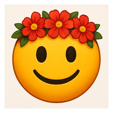 yellow face with red flower crown emoji, digital illustration sticker