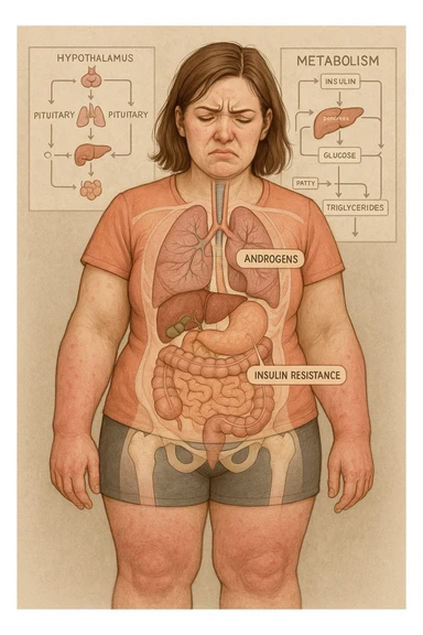 Woman with PCOS struggling with hormonal chaos, transparent overlay showing elevated androgens and insulin resistance affecting her body, lipedema causing disproportionate fat accumulation in legs and arms despite normal torso, expression of frustration with unexplained weight gain, medical charts showing complex endocrine dysfunction, painful swollen limbs contrasting with metabolic confusion sticker