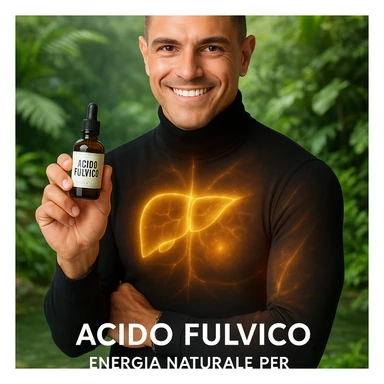 Uomo con il volto del riferimento, tiene una boccetta 'acido fulvico', energia traslucida su fegato e pelle, ambiente naturale e luminoso, piante e acqua pulita, stile wellness, testo in italiano. sticker