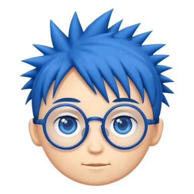 emoji style illustration of a chibi head inspired by
1,
big blue eyes, round glasses,
spiky dark blue hair,
cute flat emoji style,
simple clean lines,
white background,
high quality,
only head, no body sticker