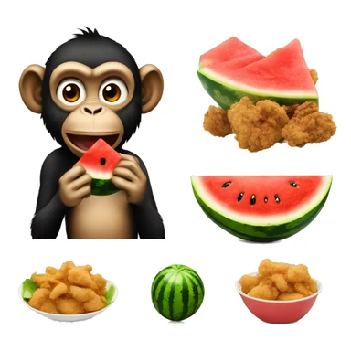 Monkey eating watermelon and a bowl of fried chicken sticker