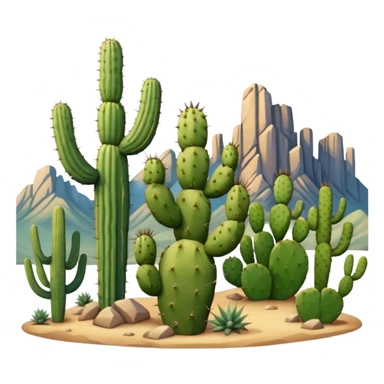 prickly pear cactus and saguaro cactus with mountains in background sticker