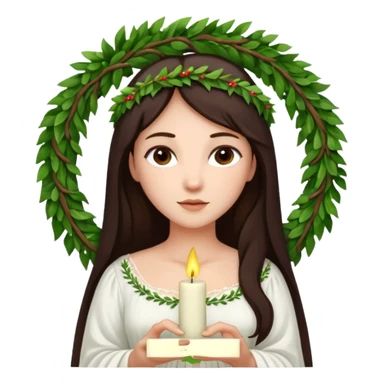  saint lucia with dark brown hair with a white gown and a wreath made from greenery and candles on top of it sticker