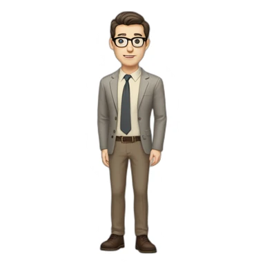 Full height Pale skinned Fit Man With dark brown hair in gray jacket, beige office shirt, tie, Brown pants and vintage glasses. Thrumbs of his palms directed up sticker