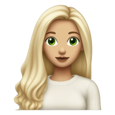 light medium skin, high cheekbone, solo blonde girl with green eyes, medium bust, white sweater, long blow out hair, baddie, middle part, cute,  sticker