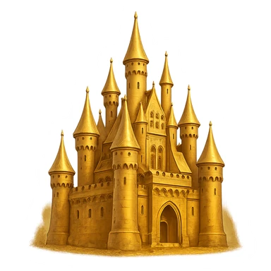 В cлегка рисованной, но при этом объемной и яркой стилистике сгенерируй картинку фотореалистичного золотого замка, прозрачный фон sticker
