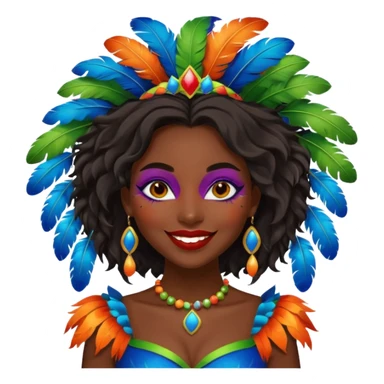 i need the same girl in "dark skin girl, dark red lipstick, nails very beautiful" to be smiling in "carnival mas costume, blue, green and orange preferably, full costume feathers at the back" she is to be smiling, hair should be dark shoulder length, black nail polish on her fingers  sticker