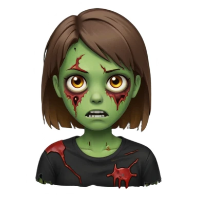 Zombie girl emoji verde com cabelo curto liso castanho no ombro com uma blusa preta sticker