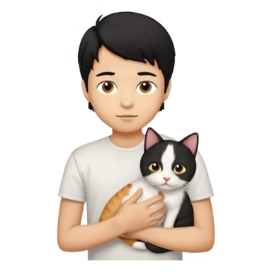 generate a pretty bratz emoji of a boy with black hair wearing a white tshirt and holding a cat  sticker