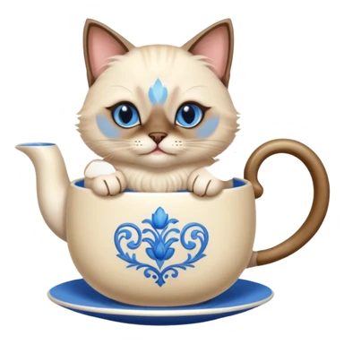 Happy siamese cat enjoying a fancy cup of tea in its front two paws sticker