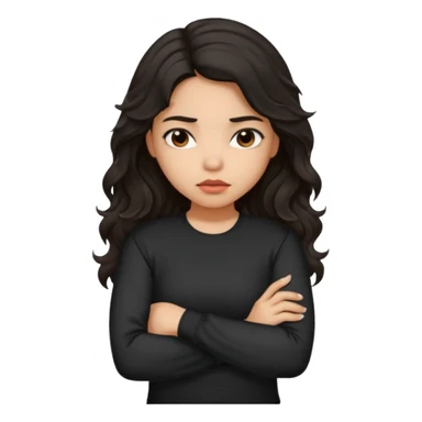 Hispanic girl with dark long wavy hair crossing her arms while pouting and wearing a black long sleeve shirt sticker