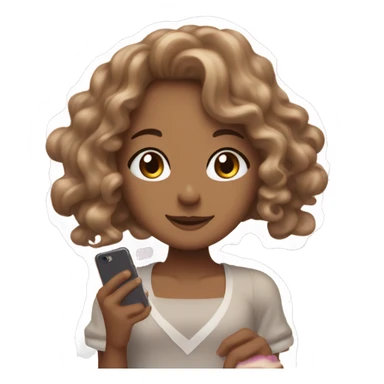 a tan girl with long curly brown hair on her iphone 16 thats white and has a cinnamonroll case from sanrio sticker