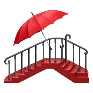 Red umbrella on stair railing, Lost Umbrella. sticker