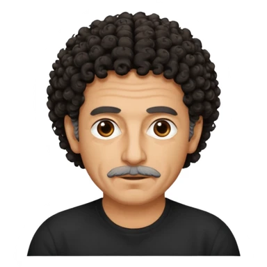 60 year old Greek man with short black curly frizzy think hair that sticks up and has a black shirt sticker
