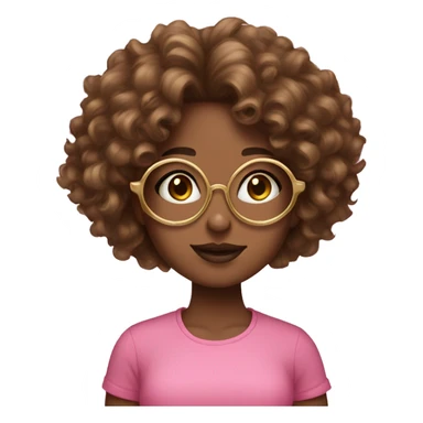 girl with brown curly hair brown skin gold circular glasses pink shirt jewelry sticker