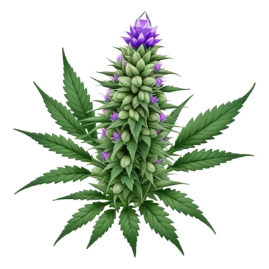 Cannabis plant with purple buds, crystal trichomes, and small wedding elements, wedding crasher strain sticker