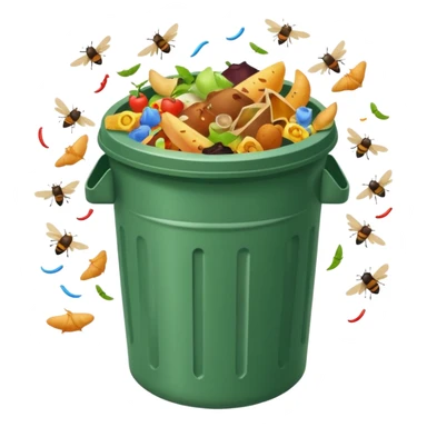 emoji-style icon of a trash can overflowing with food scraps, flies buzzing around, dirty and unsanitary look, clear at small size, no text sticker