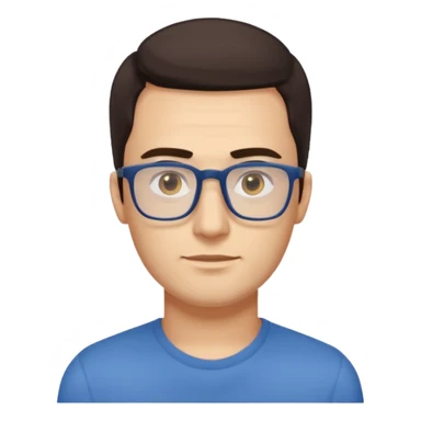 a young man around 30 years old, dark brown eyes, with dark brown hair, longer rectangular face, longer jaw, light yellow skin color, small eyes with rectangle shape glasses, without beard, no forehead wrinkles, wear deep blue shirt sticker