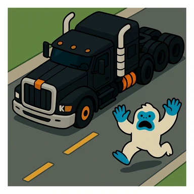 Place the small abominable snowman clearly on a road in front of the black 2026 Kenworth W680 flat top semi sleeper, top-down vibrant toon style, no text, with a visible road background. sticker