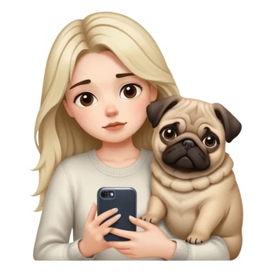 Pretty girl with casscading choppy hair frames her face as she holds her phone and her big pug lays beside her sticker