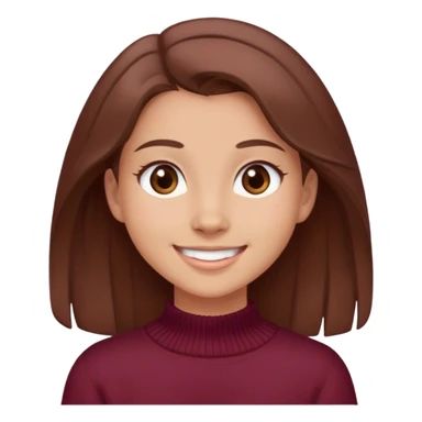 A girl with brown hair smiles, gray-brown eyes, wearing a burgundy sweater sticker