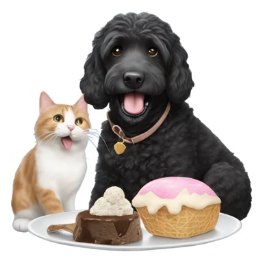 Black labradoodle licking ice cream with a fat grey and white cat beside him sticker