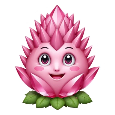 A single cute pink crystal cluster character, chunky round base with many tall rose-pink crystal spikes growing upward like a quartz cluster, faceted and slightly imperfect, on the front of the base a kawaii face with big shiny eyes and a happy open smile sticker
