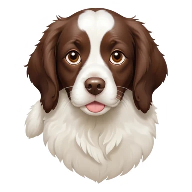 Cinematic Cute Springer Spaniel Portrait Emoji, Head tilted playfully and inquisitively, featuring a vibrant Fur of liver and white with a natural sheen, round, sparkling brown eyes filled with curiosity, Simplified yet irresistibly adorable features, highly detailed, glowing with a warm, friendly glow, high shine, affectionate and lively, stylized with a touch of whimsy, bright and endearing, soft glowing outline, capturing the essence of a mischievous yet loving pup, so playful it feels like it could frolic out of the screen and into your arms! sticker