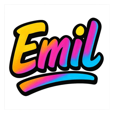 Emil name in modern colorful gradient font with dark outline, dynamic slanted or partial underline, transparent background, in the style of reference patterns sticker