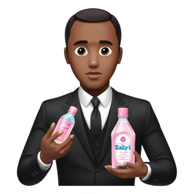 A realistic product shot of a transparent bottle of Johnson’s Baby Oil by Johnson & Johnson, featuring a soft pink label. The oil inside is crystal clear and glossy. Sean "Diddy" Combs in black suit is holding the bottle sticker