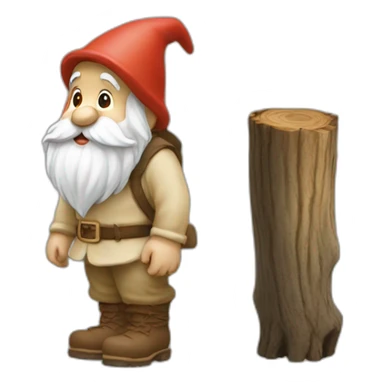 side view of gnome with light tan pants and light tan boots squatting next small brown log sticker