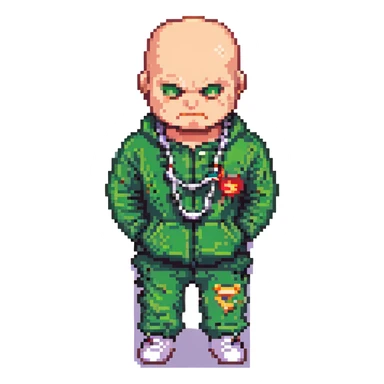Pixel art thug in tracksuit, holding chain, bald head, angry expression, side view, retro arcade sprite
+ add the indicator to it "2020000" sticker