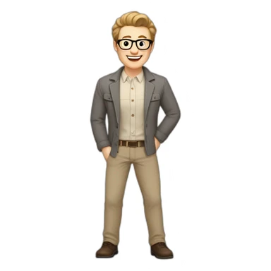 Joyful Pale skinned Fit Man With dark brown hair in gray jacket, beige office shirt, Brown pants and vintage glasses. His thrumbs up sticker