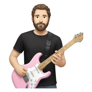 white man with dark beard and black t shirt and pastel pink stratocaster electric guitar sticker