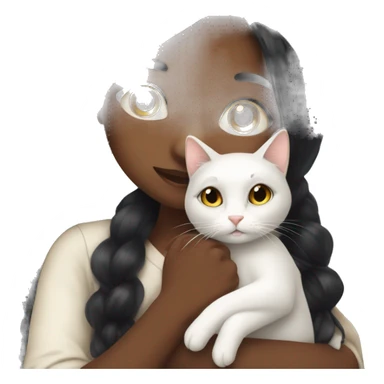 girl with very long black hair and brown skin hugging a white cat sticker